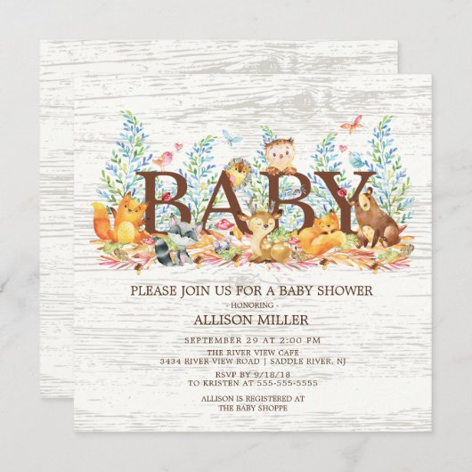 Animaux des bois Invitation au Baby shower neutre (Devant / Derrière)