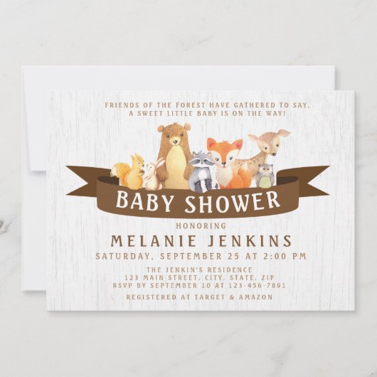 Animaux des bois Invitation Baby shower Neutre (Devant)