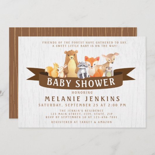 Animaux des bois Invitation Baby shower Neutre (Devant / Derrière)