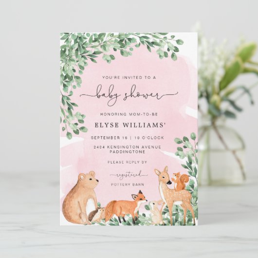 Animaux des bois Invitation Baby shower rose (Debout devant)