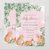 Animaux des bois Invitation Baby shower rose (Devant / Derrière)