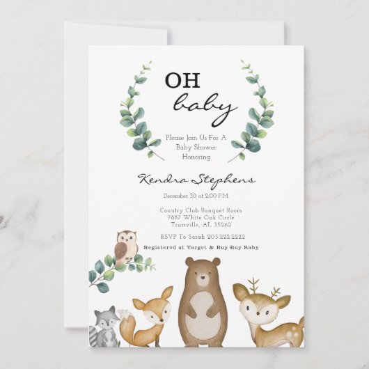Animaux des bois Invitation minimale au Baby showe (Devant)