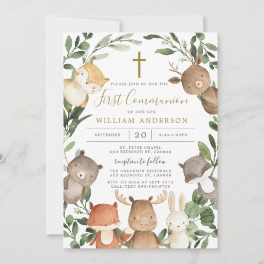 Animaux des bois Première communion Invitation (Devant)
