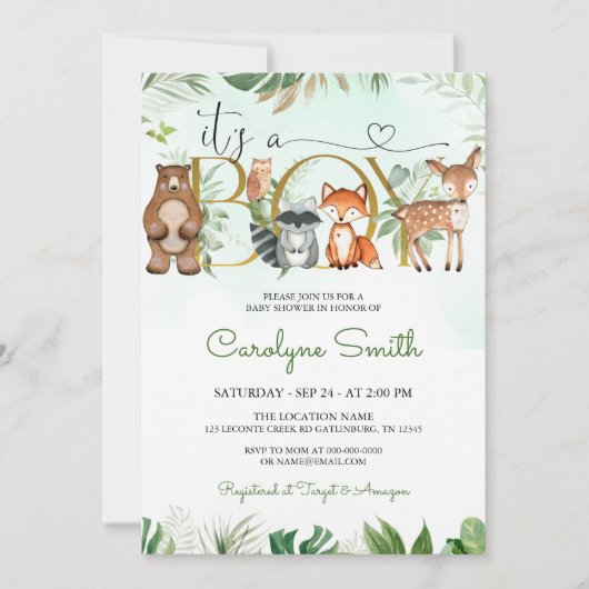 Animaux des bois Végétation Baby shower Invitation (Devant)
