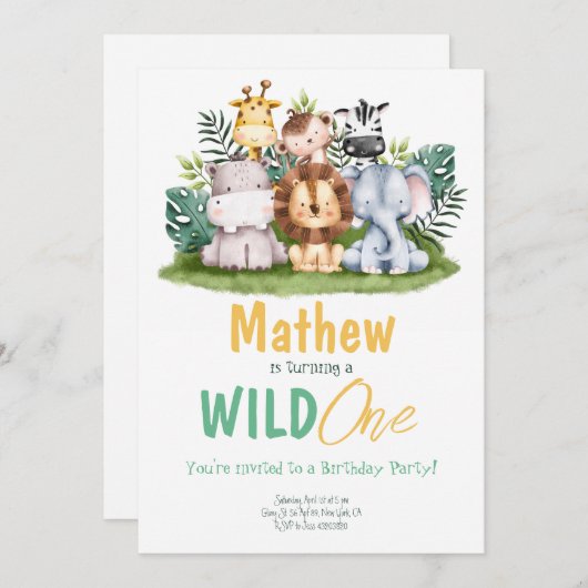 Animaux d'une partie sauvage Invitation d'annivers (Devant / Derrière)