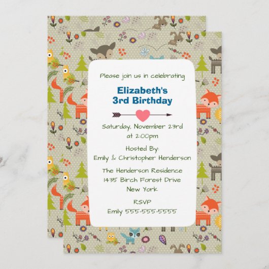 Animaux et fleurs de bois mignons Invitation d'ann (Devant / Derrière)