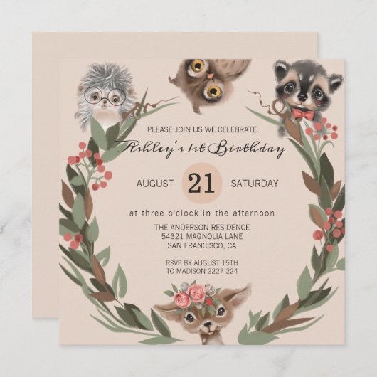 Animaux forestiers Invitation d'anniversaire (Devant / Derrière)