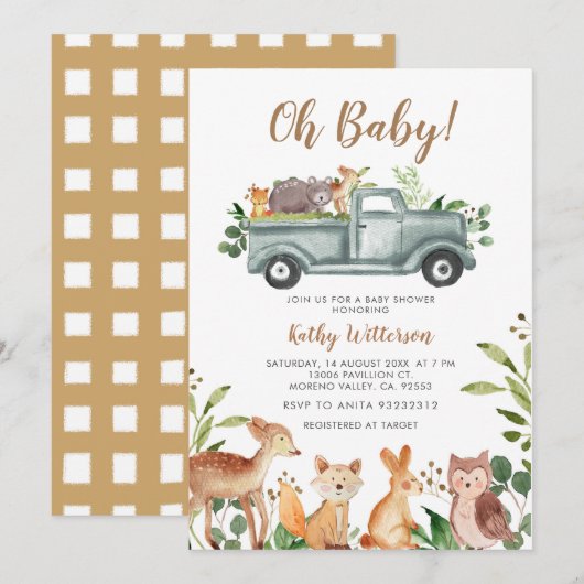 Animaux Jungle Truck Baby shower Invitation (Devant / Derrière)