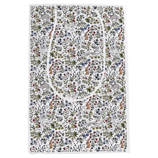 Animaux médiévaux mille fleurs blanc sac cadeau (Devant)