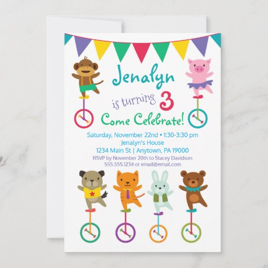 Animaux mignons Invitation Anniversaire Unicycle C (Devant)