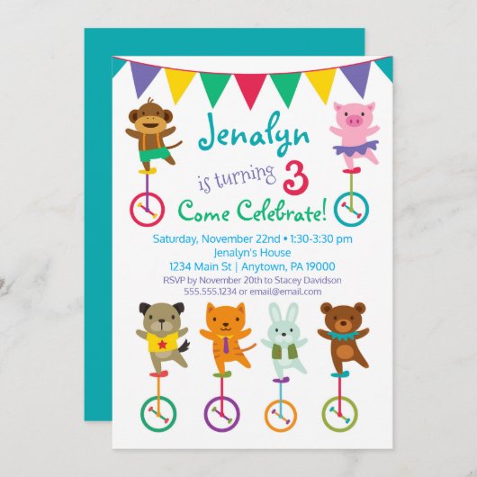 Animaux mignons Invitation Anniversaire Unicycle C (Devant / Derrière)