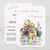 Animaux mignons Invitation Baby shower | Rose (Devant / Derrière)