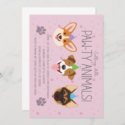 Animaux paw-ty Invitation d'anniversaire (Devant / Derrière)
