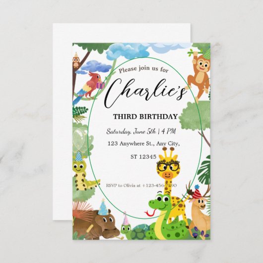 Animaux sauvages Invitation d'anniversaire pour en (Devant / Derrière)