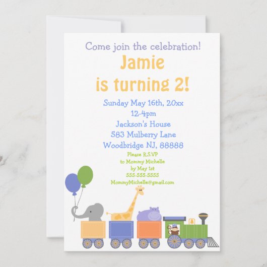 Animaux Sur Invitations D'Anniversaire De Train (Devant)