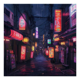Anime Aesthetic City Street bij Night Neon Sign Perfect Poster