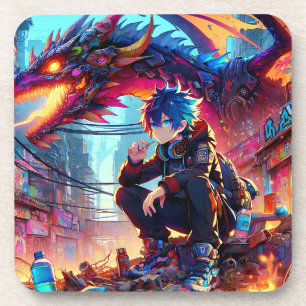Anime Boy en Dragon in een dystopische wereld Bier Onderzetter