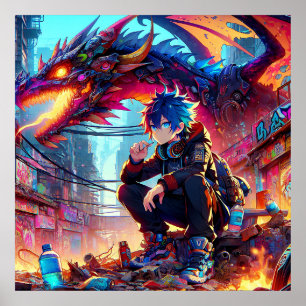 Anime Boy en Dragon in een dystopische wereld Poster