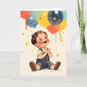 Anime Boy Happy Kleurrijke Ballonnen Feestdagen Kaart
