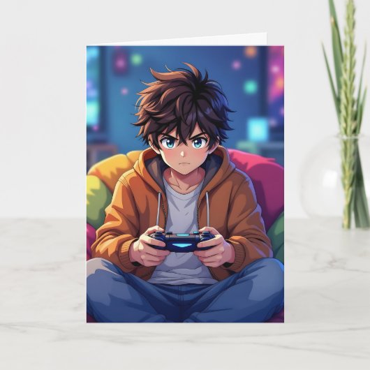 Anime Boy playing Video Game Personalized Birthday Kaart (Voorkant)