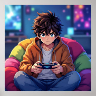 Anime Boy spelen Video Game Poster