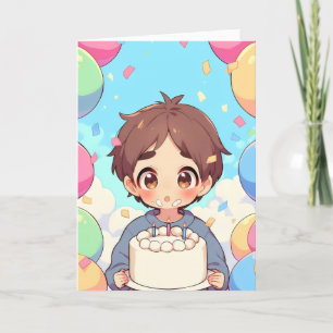 Anime Boy Verjaardagstaart Kleurrijk Feestdagen Kaart