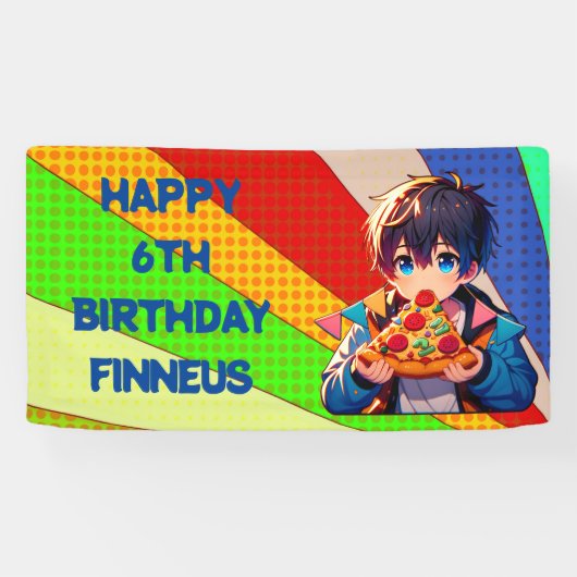 Anime Boy's Pizza Party gepersonaliseerd Spandoek (Horizontaal)