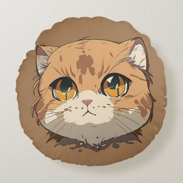 Anime Cat Face Rond Kussen (Voorkant)