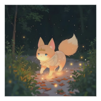 Anime Celestial Fox in een Starlit Forest Perfect Poster