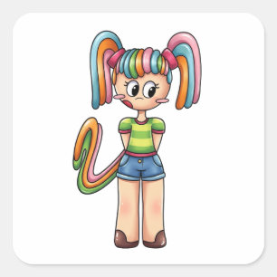 Anime Chibi Regenboog Snoep Meisje Kleurrijk Haar Vierkante Sticker
