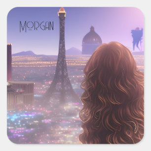 Anime City Girl Day Dreaming over Skyline Vierkante Sticker