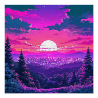 Anime City Mountain Landschap Neon Sunset Perfect Poster