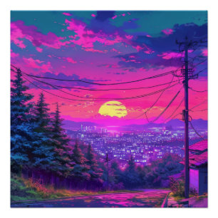 Anime City Mountain Landschap Neon Sunset Perfect Poster