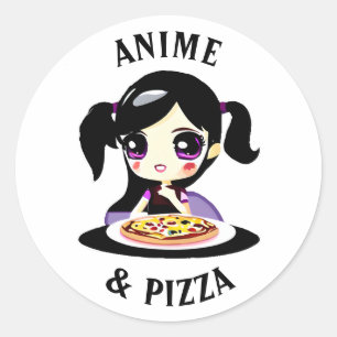 Anime en Pizza Zwart en Paarse Cartoon Ronde Sticker