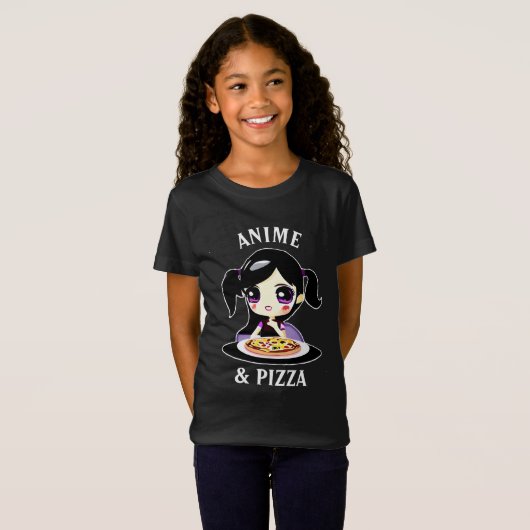 Anime en Pizza Zwart en Paarse Cartoon T-shirt (Voorkant volledig)