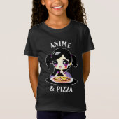 Anime en Pizza Zwart en Paarse Cartoon T-shirt (Voorkant)