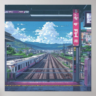 Anime esthetische binnenkant treinstation landscha poster