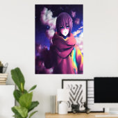 Anime fille, étoiles et nuage | AI Art Poster (Bureau à domicile)