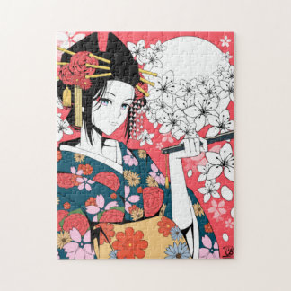 Anime Floral Geisha Pink White Jigzaag Puzzle Legpuzzel