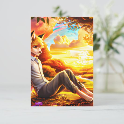 Anime Fox Man in Landschap bij zonsondergang Bedankkaart (Staand voorkant)