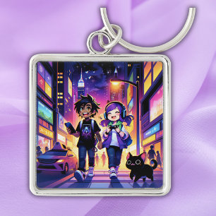 Anime Gaming Paar met hun Kat Sleutelhanger
