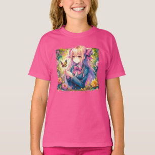 Anime Girl and Butterfly Watercolor T-shirt