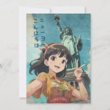 Anime Girl and Statue of Liberty, New York - Retro