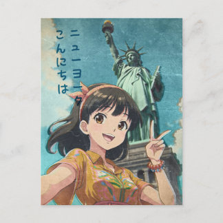 Anime Girl and Statue of Liberty, New York - Retro Feestdagenkaart