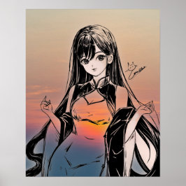 Anime Girl en Sunset Kostuum Illustratie Poster