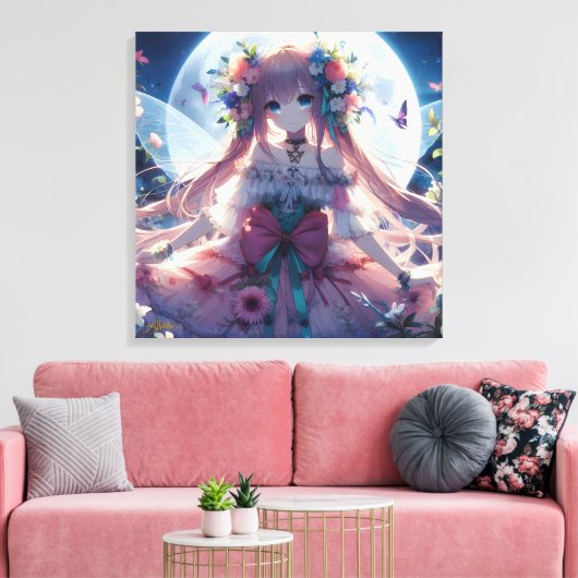 Anime Girl Flower Moon Fairy Canvas Afdruk (Insitu (Woonkamer))