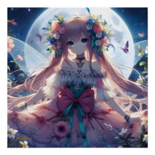 Anime Girl Flower Moon Fairy Perfect Poster