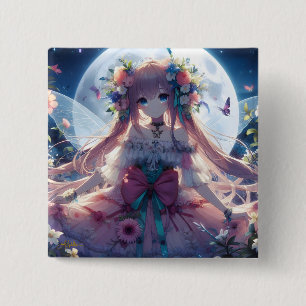 Anime Girl Flower Moon Fairy Vierkante Button 5,1 Cm
