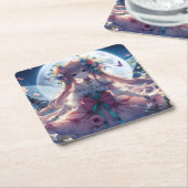 Anime Girl Flower Moon Fairy Vierkante Kartonnen Onderzetter (Schuin)