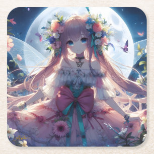 Anime Girl Flower Moon Fairy Vierkante Kartonnen Onderzetter